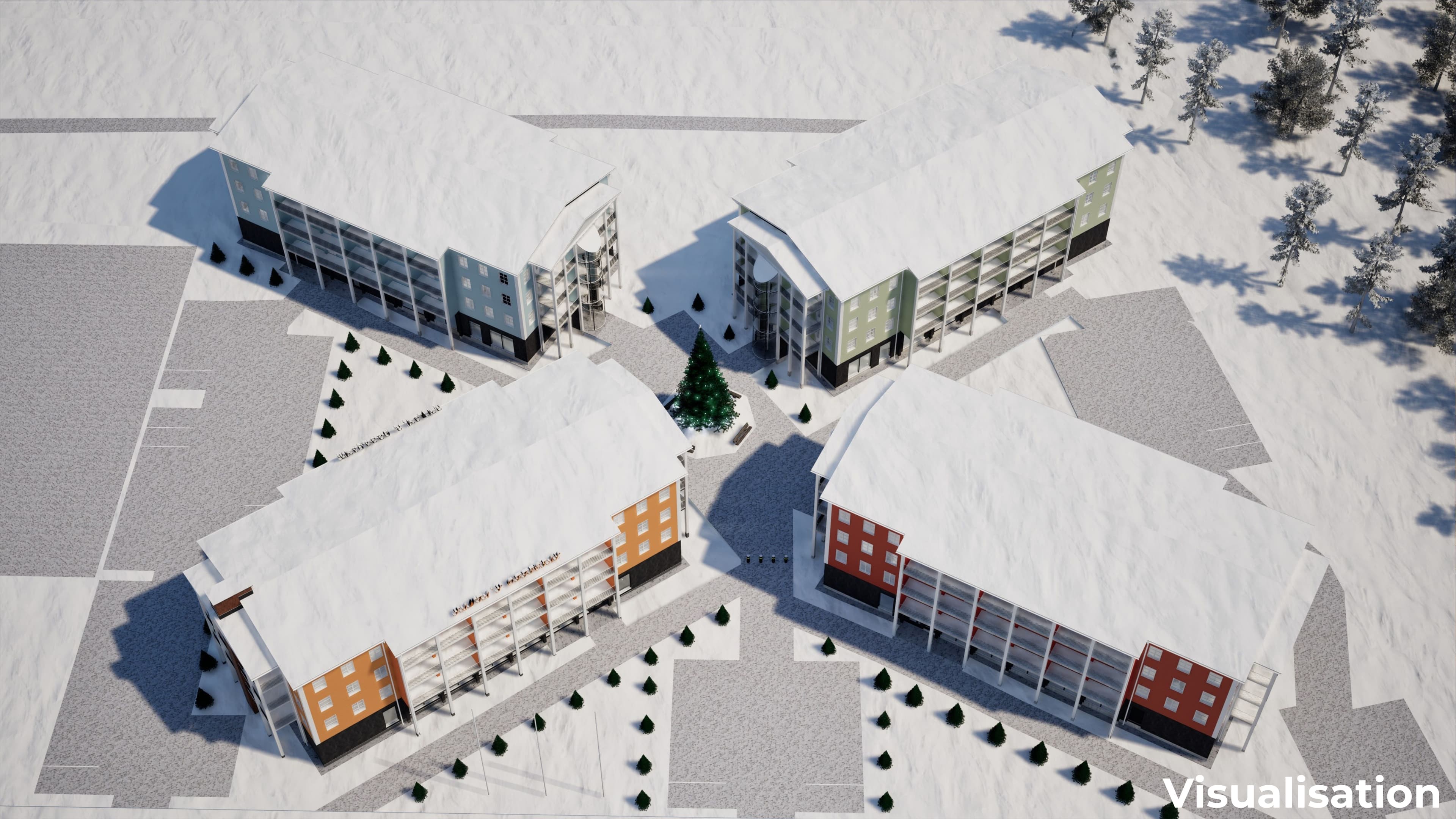 Aerial view of the four Elves Hotels buildings in Santa Claus Village